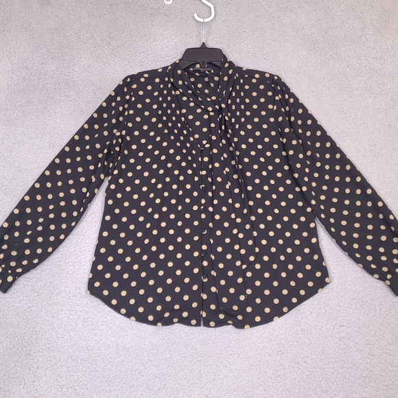 J. Crew Tops - J Crew Blouse Womens 6 Black Polka Dot 365 Draped Tie Neck Pleated Long Sleeves‎